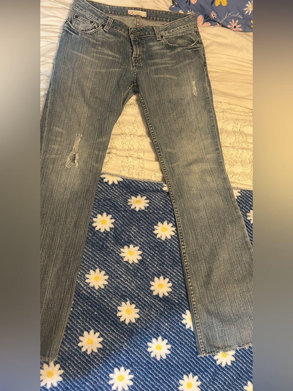 BKE Women's Light Blue Distressed Boot Cut Jeans